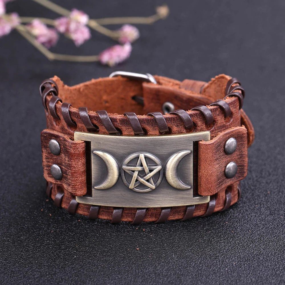 Pulsera Triple Luna en Cuero Brujería Wicca 10