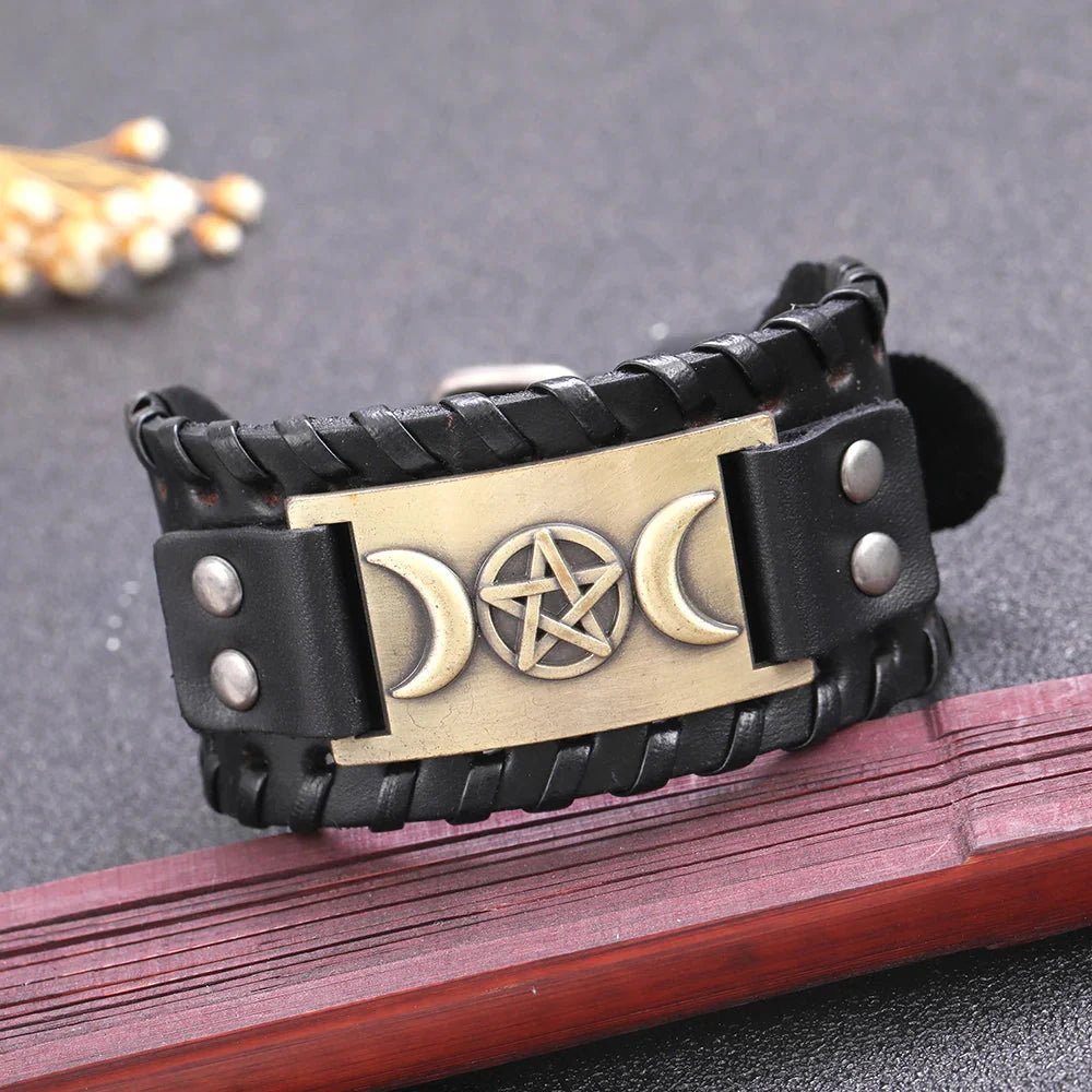 Pulsera Triple Luna en Cuero Brujería Wicca 7