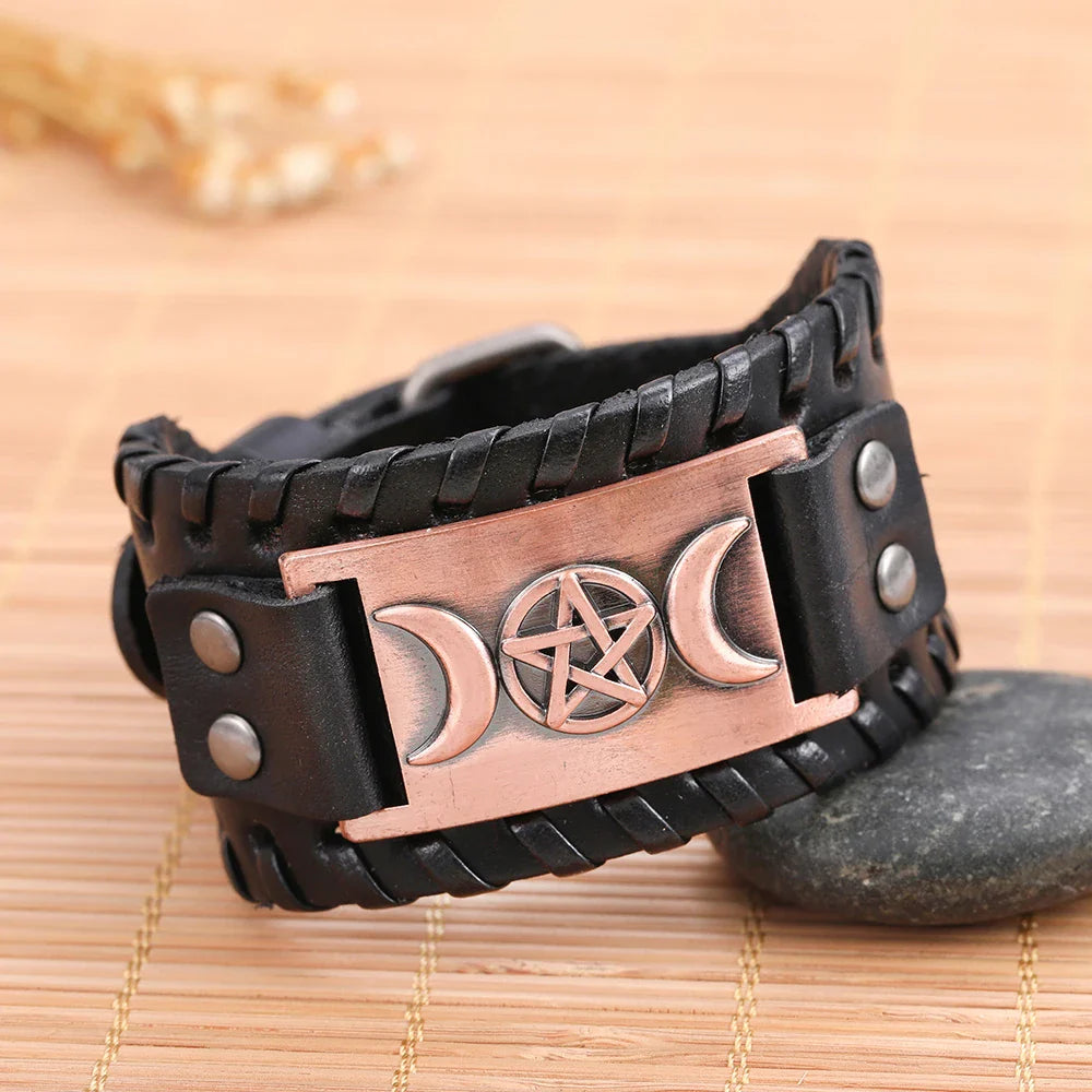 Pulsera Triple Luna en Cuero Brujería Wicca 8