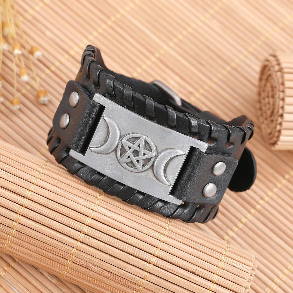 Pulsera Triple Luna en Cuero Brujería Wicca 6