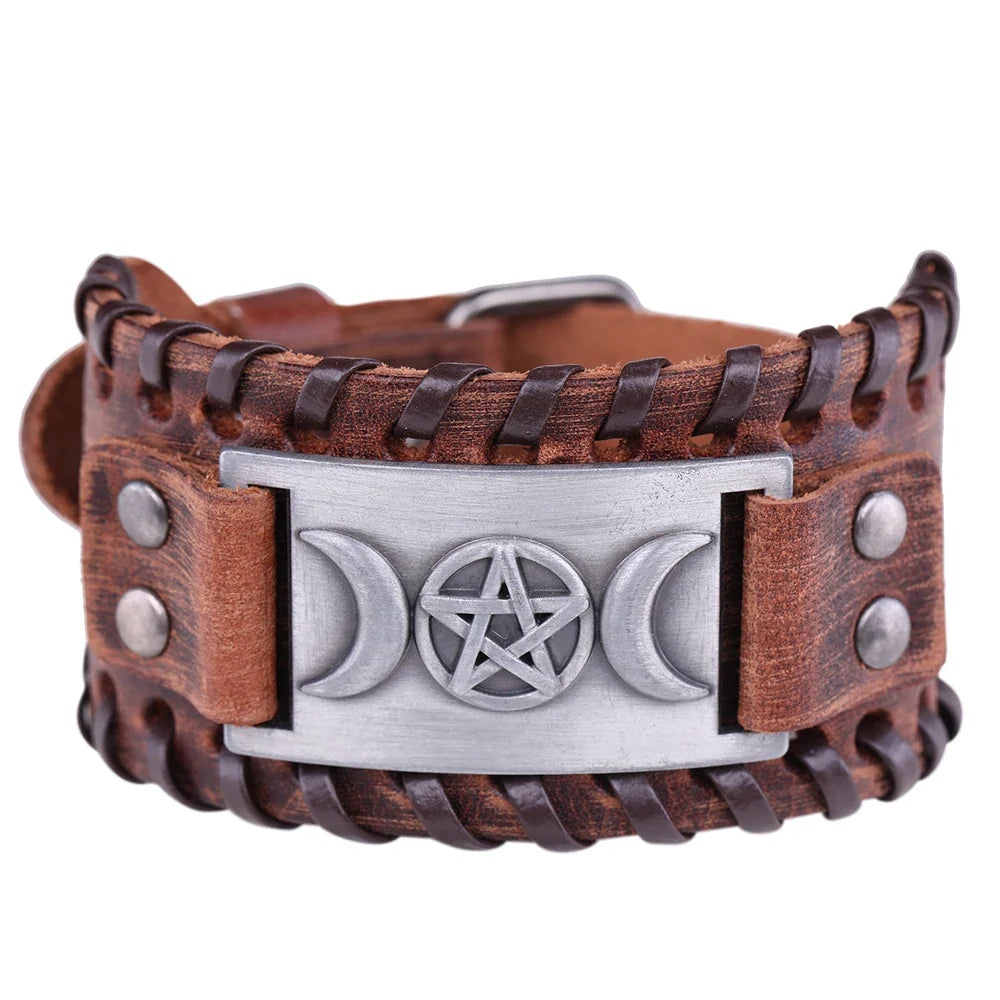 Pulsera Triple Luna en Cuero Brujería Wicca 10