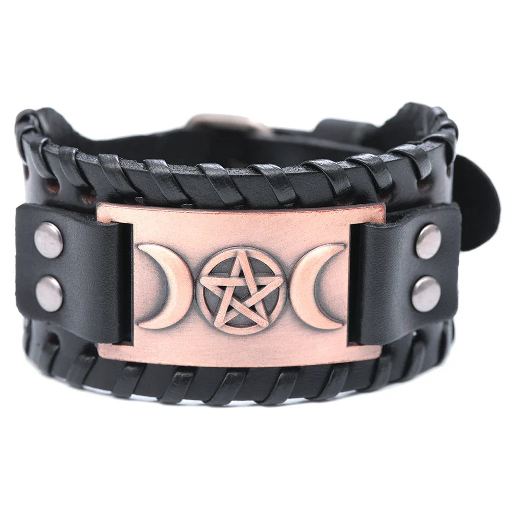 Pulsera Triple Luna en Cuero Brujería Wicca 8