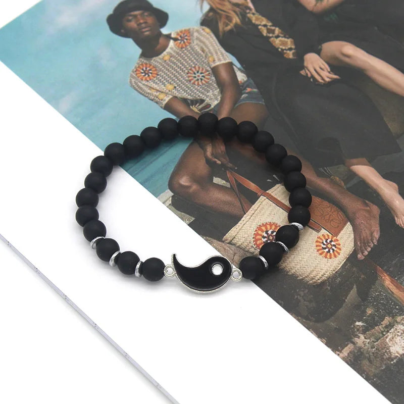 Pulseras para Parejas Gourmette Separables Yin Yang en Piedras Naturales Negro y Blanco