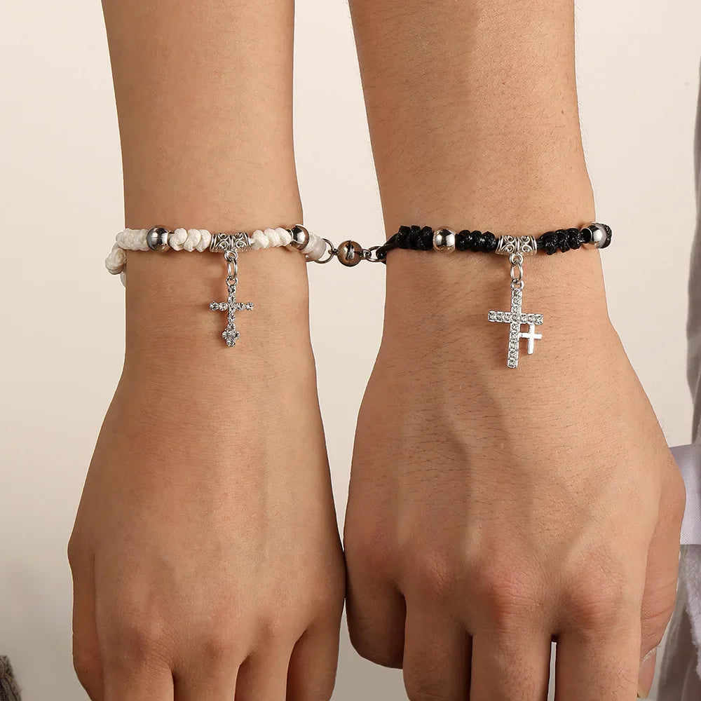 Pulseras para Parejas Negro y Blanco Gourmette Cruz