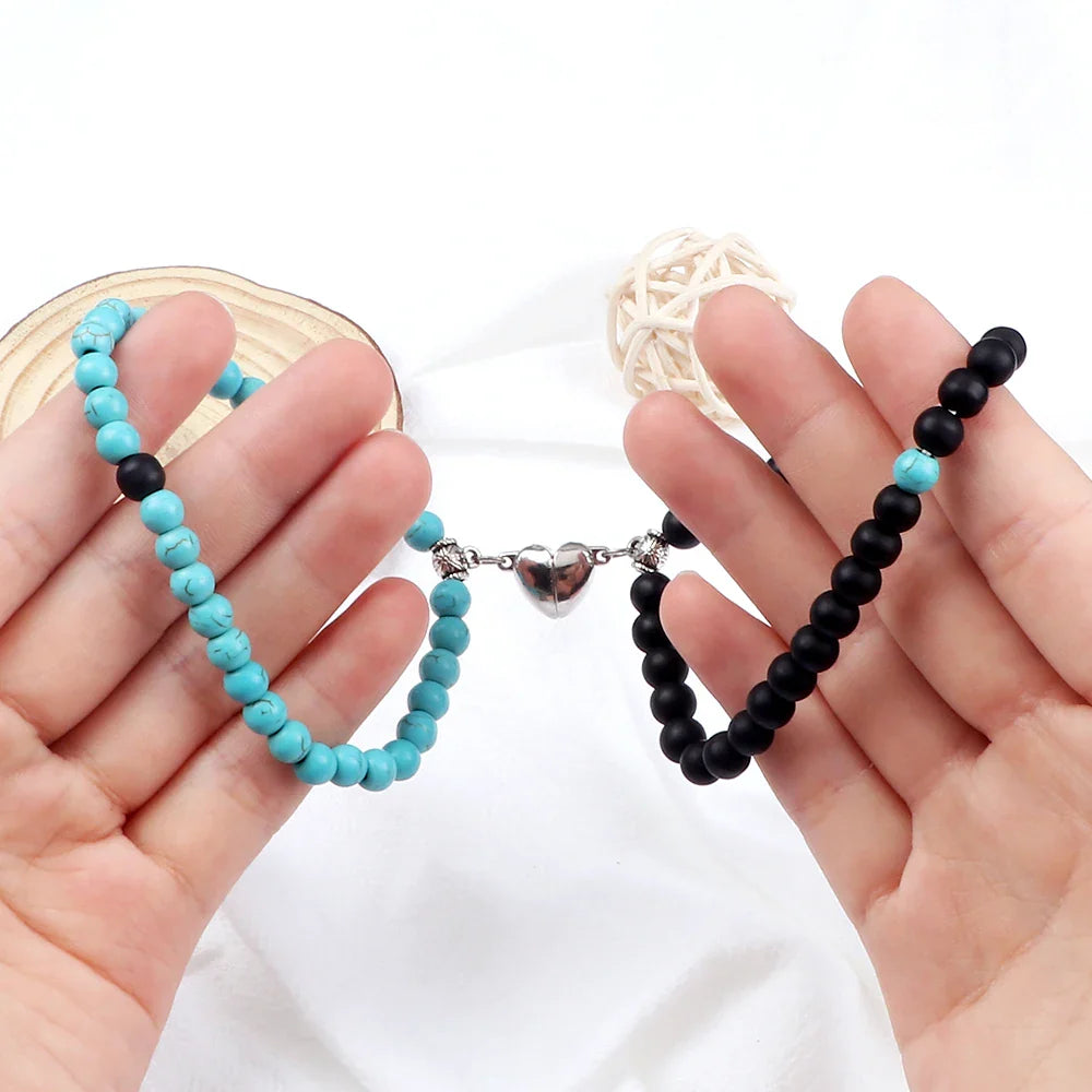 Pulseras para Parejas Pulsera Magnética con Perlas azul celeste y negras
