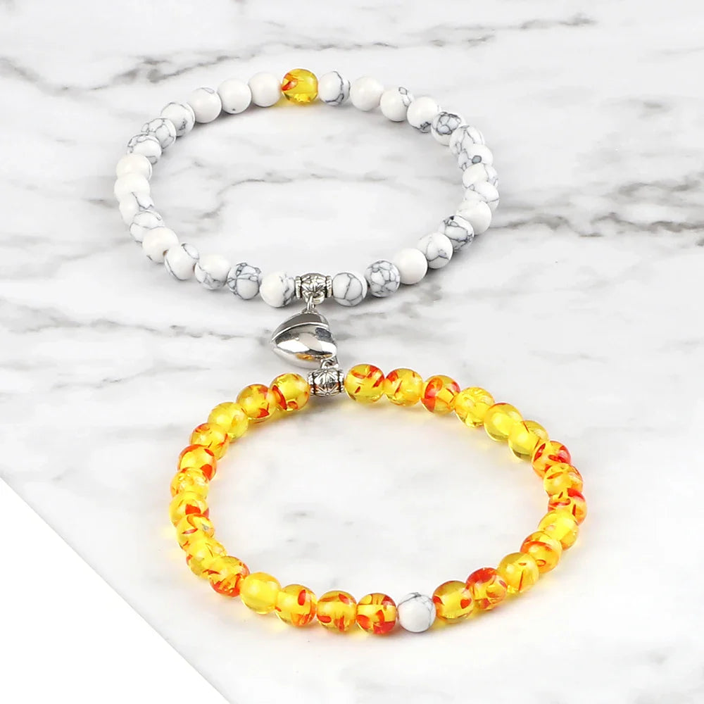 Pulseras para Parejas Pulsera Magnética con Perlas blancas y piedra de sol