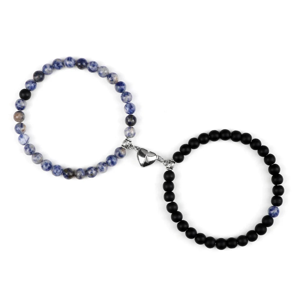Pulseras para Parejas Pulsera Magnética con Perlas azul grisáceo y negras