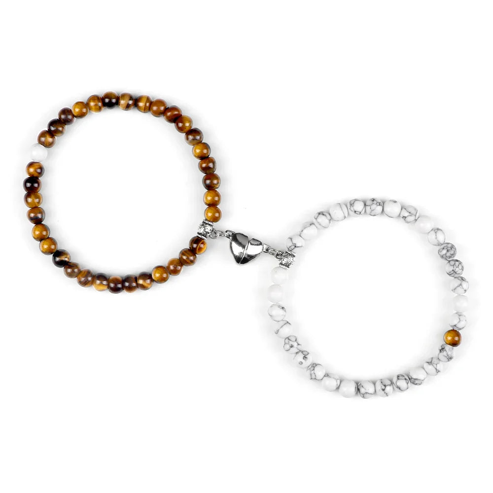 Pulseras para Parejas Pulsera Magnética con Perlas ojo de tigre y blancas
