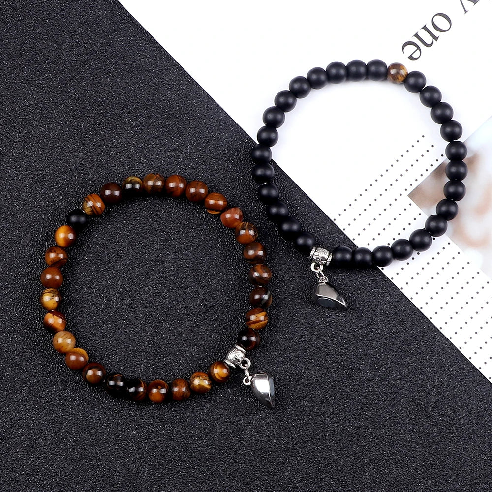 Pulseras para Parejas Pulsera Magnética con Perlas ojo de tigre y negras