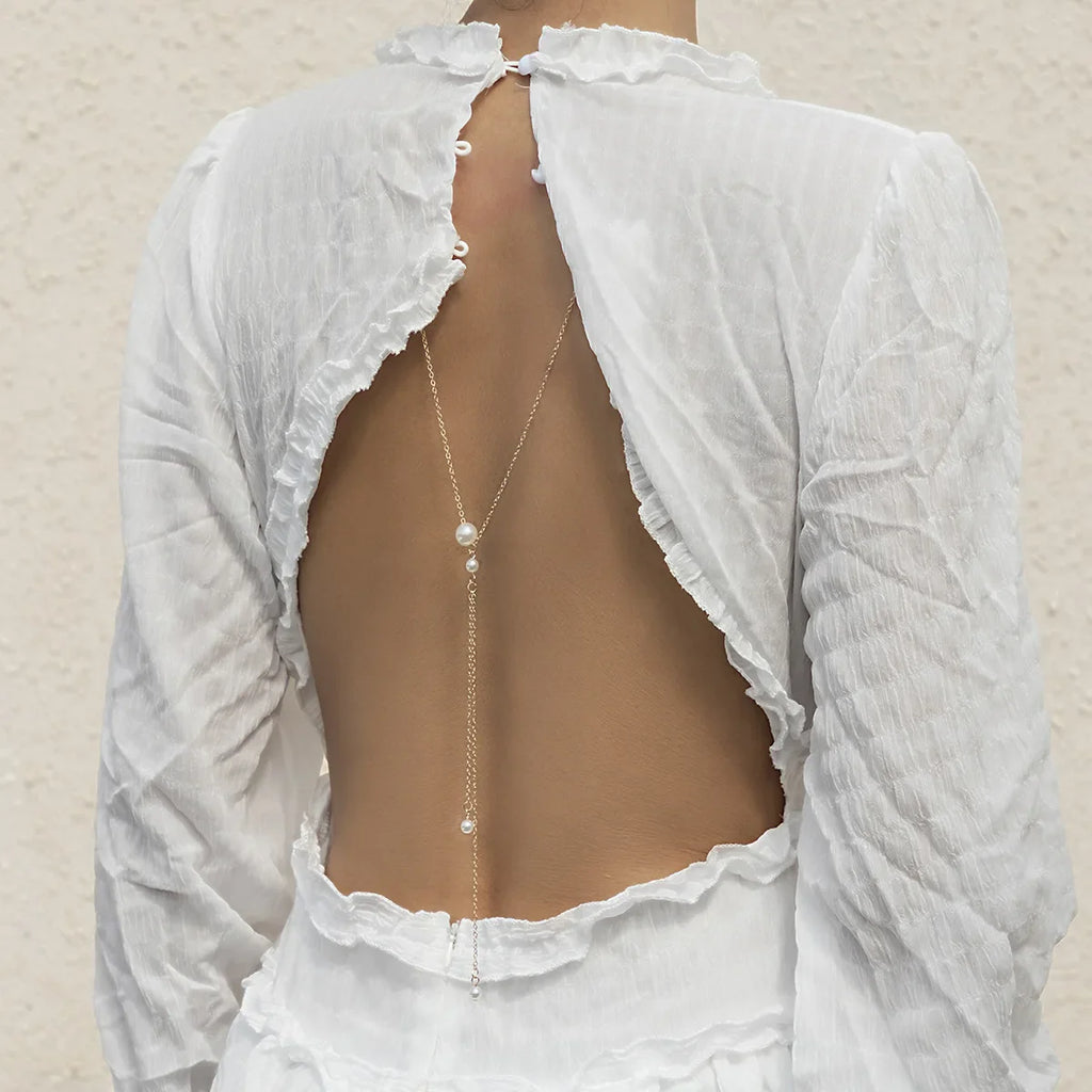 Cadena para la Espalda Collar Adorno Dorsal Mujer Perlas plata