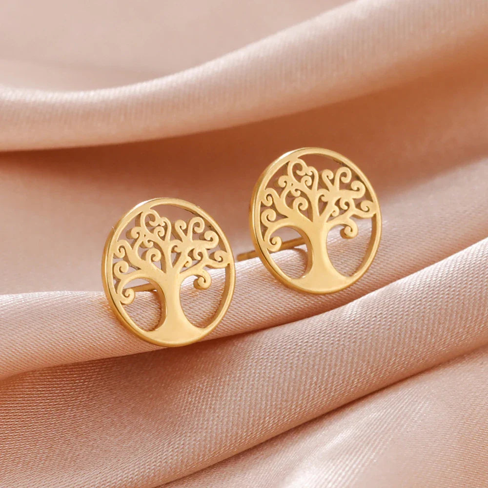 Pendientes de botón Árbol de la vida Oro