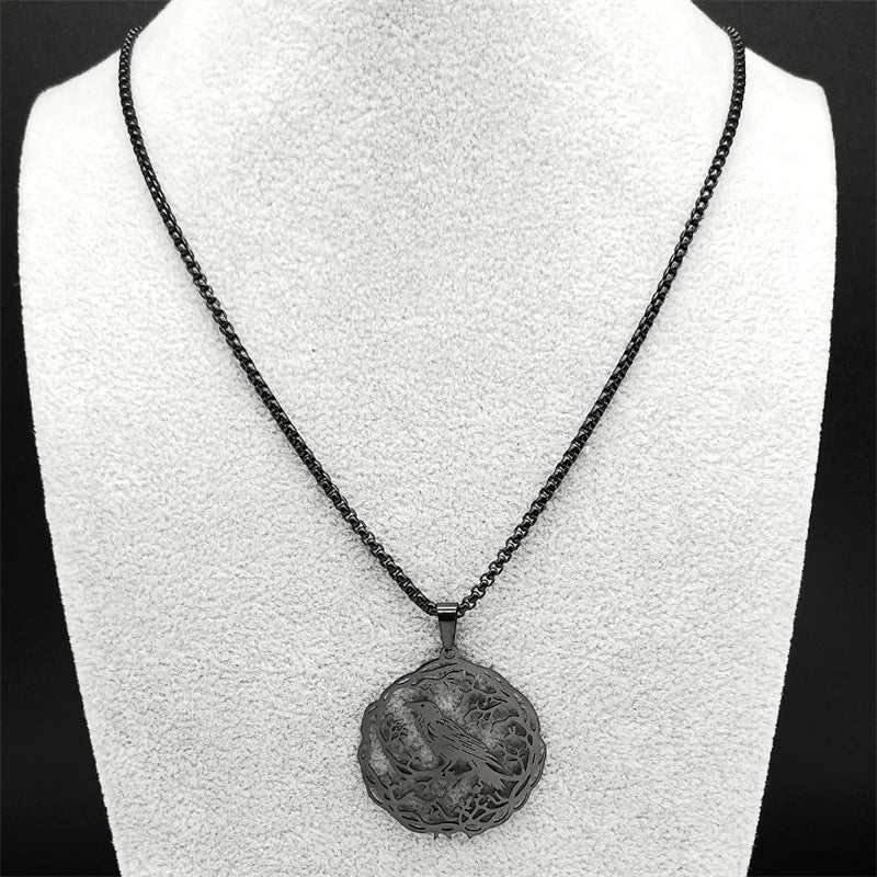 Collar con Colgante de Árbol con Pájaro negro