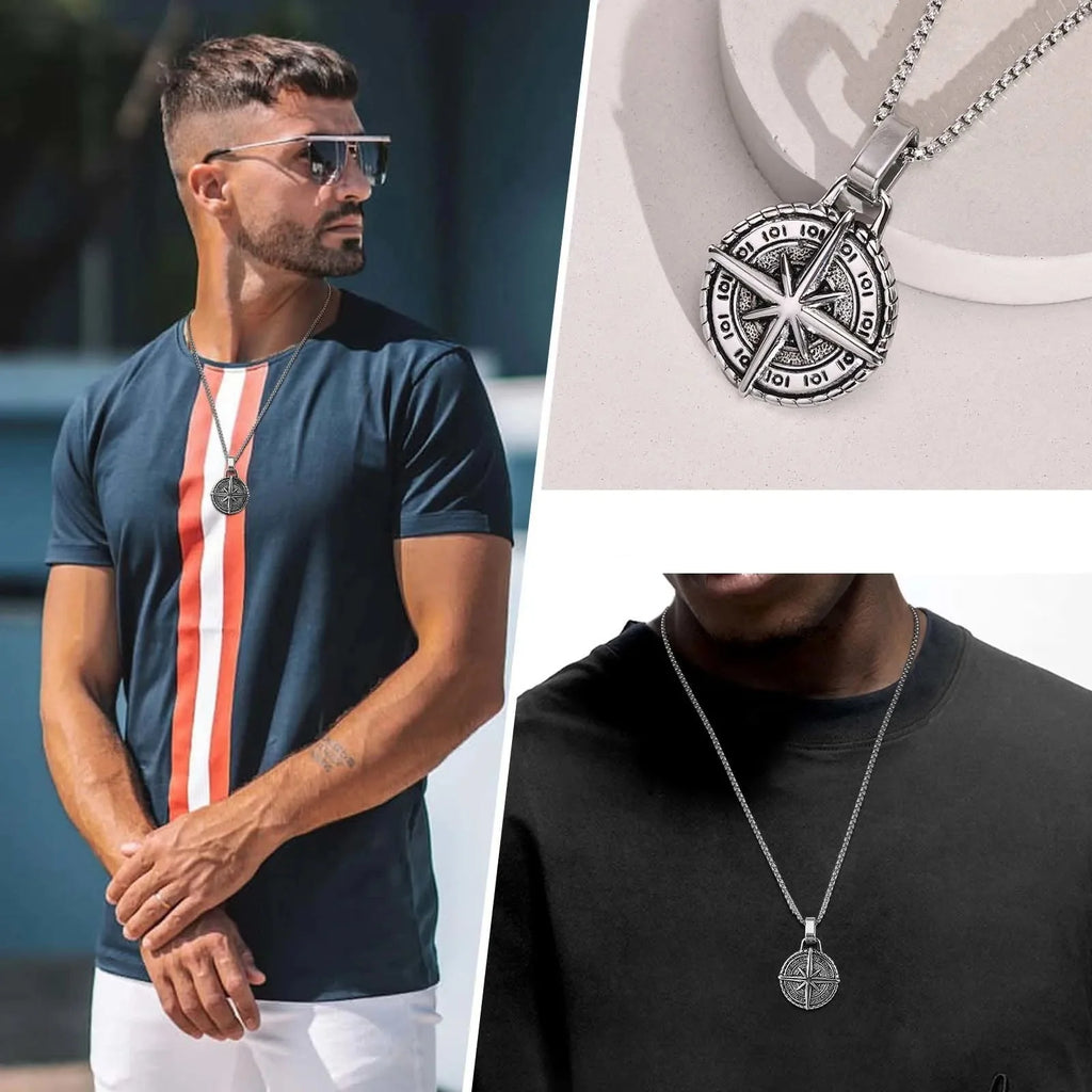 Collar con Colgante Brújula Rosa de los Vientos para Hombre plata