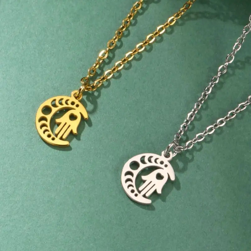 Collar con colgante islámico de media luna y mano de Fátima árabe oro