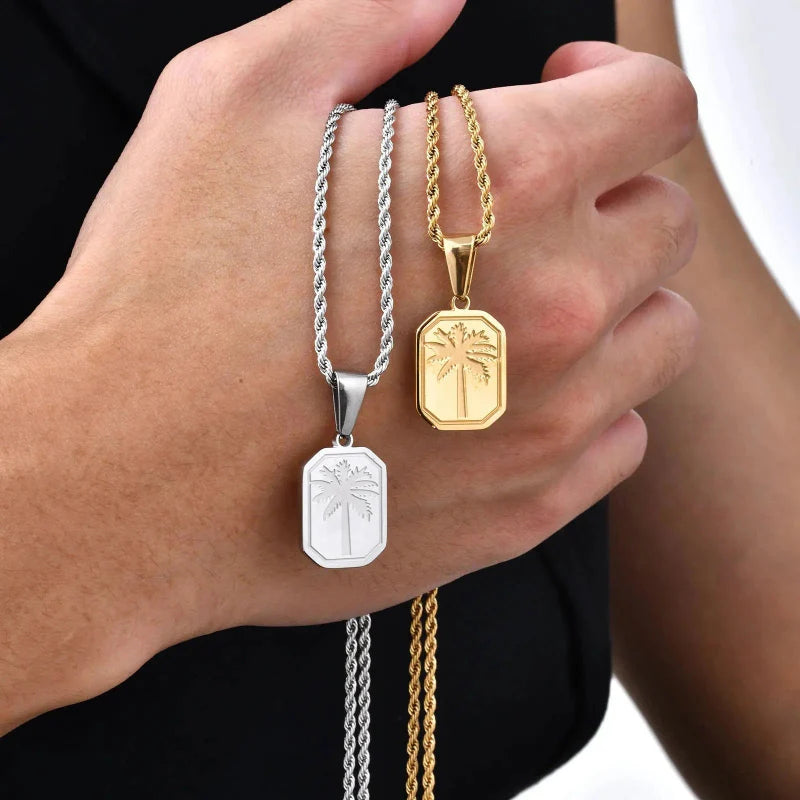 Collar con Colgante Rectangular de Palma en plata