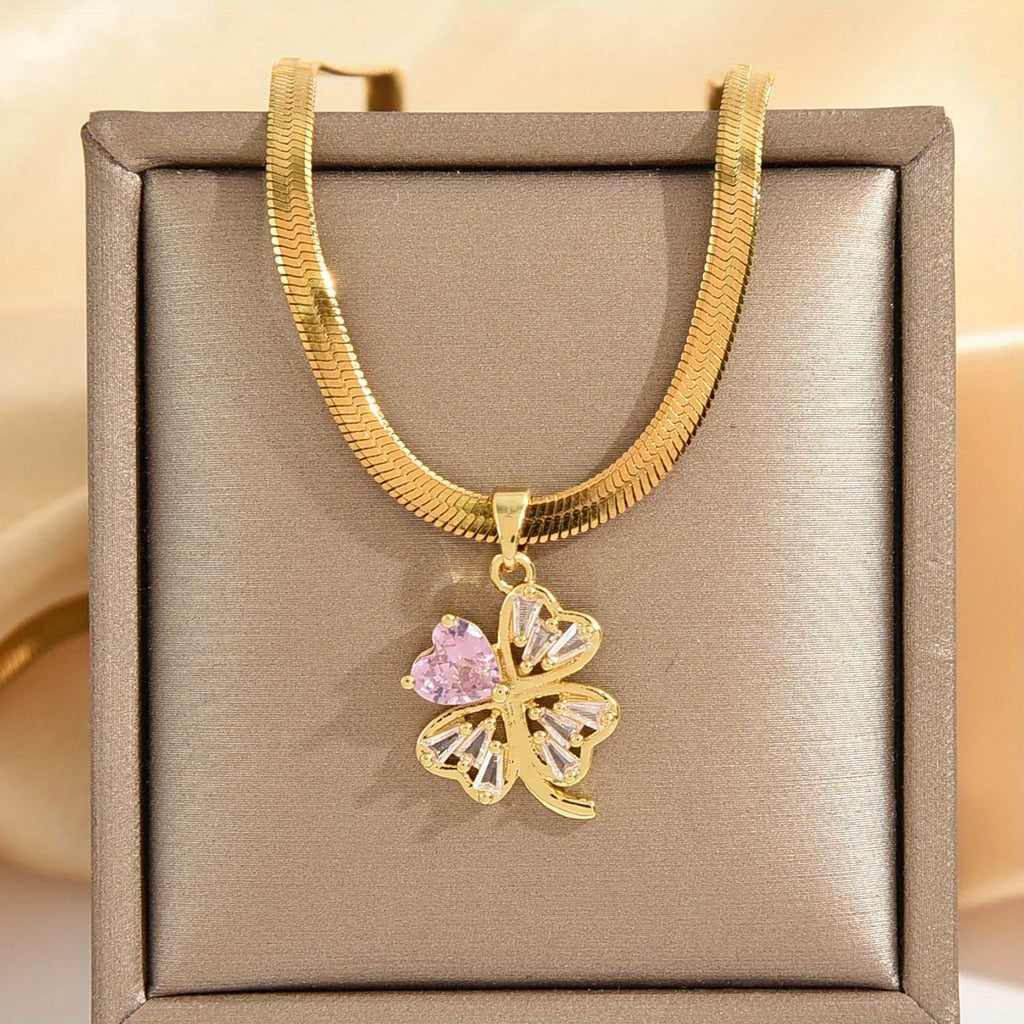 Collar con Colgante de Trébol de 4 hojas Amuleto de la Suerte y Circonio