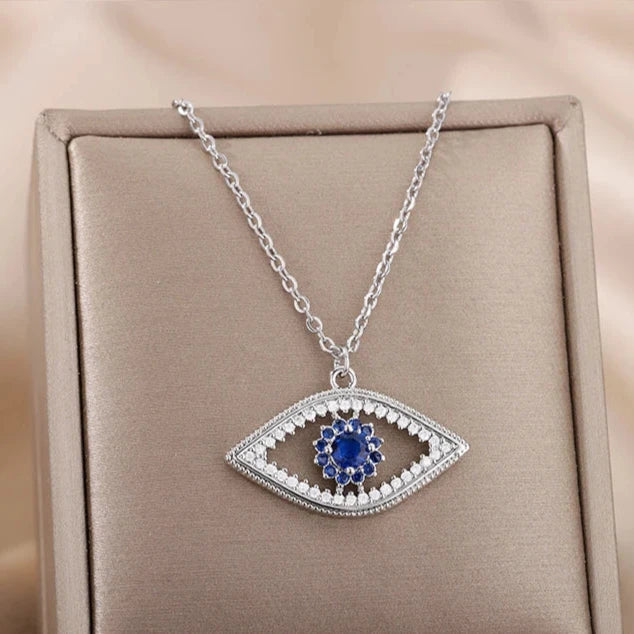Collar con colgante de circonio contra el mal de ojo azul turco en plata