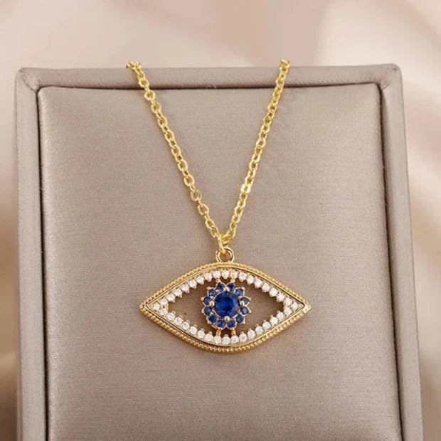 Collar con colgante de circonio contra el mal de ojo azul turco en oro