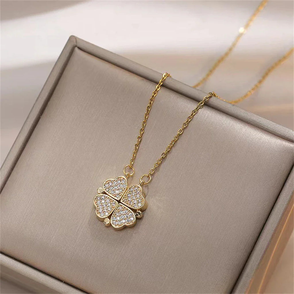 Collar Gargantilla con Colgantes de Corazones y Trébol de 4 Hojas para Mujer oro
