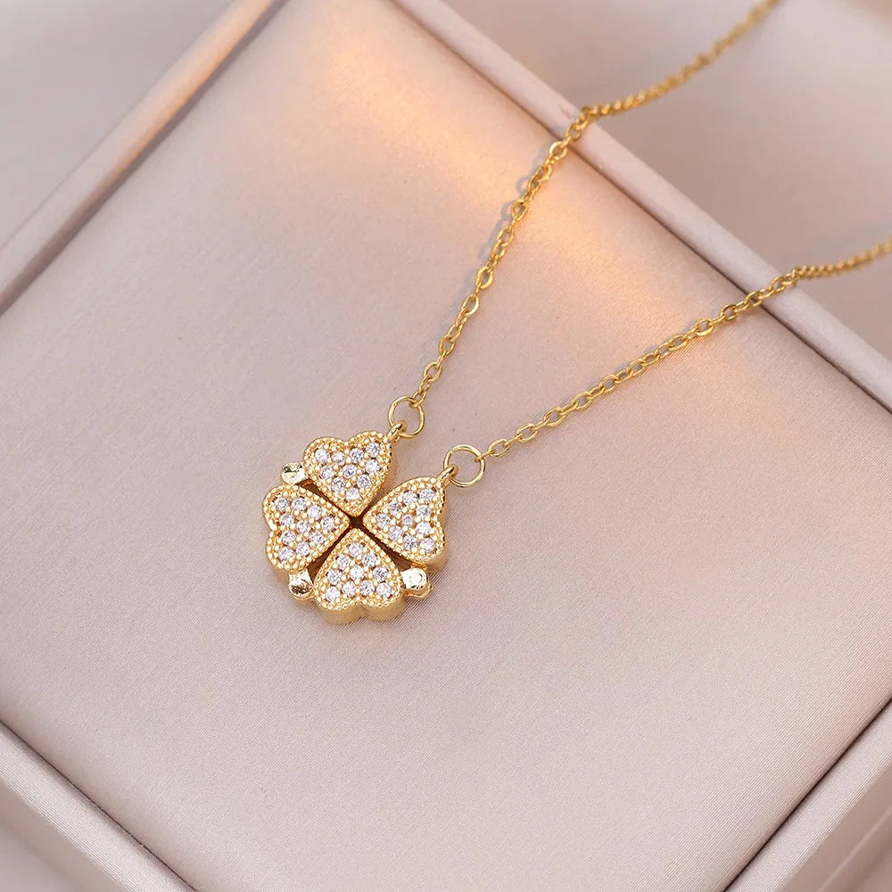 Collar Gargantilla con Colgantes de Corazones y Trébol de 4 Hojas para Mujer oro