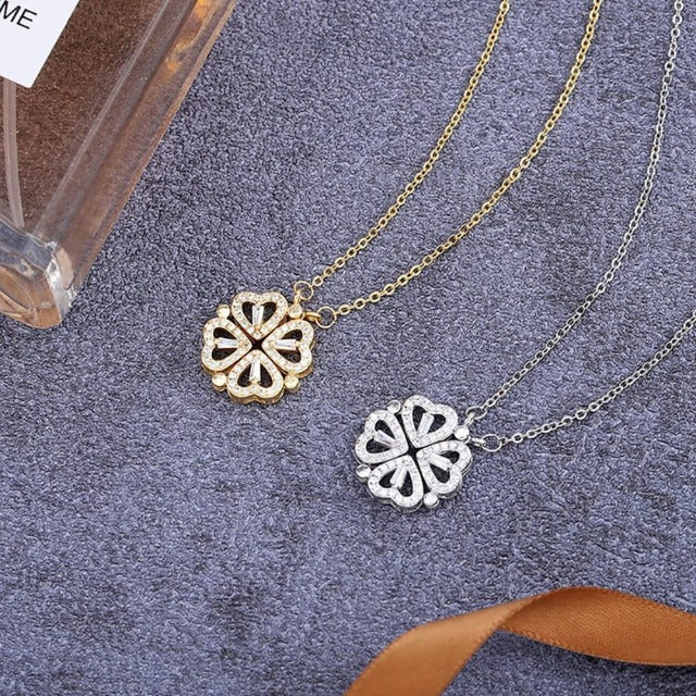 Collar Corazón Trébol de 4 Hojas Colgante Amuleto de la Suerte en Oro y Plata