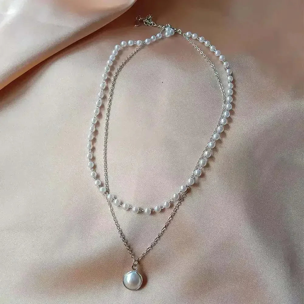 Collar Doble Elegante con Colgante de Perla plata