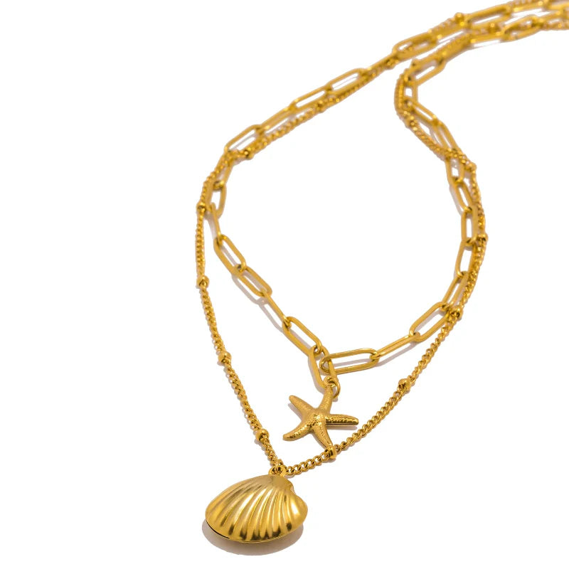 Collar de Doble Vuelta con Colgantes de Conchas, Vieira y Estrella de Mar
