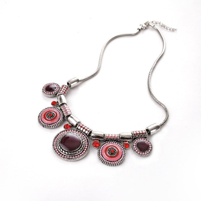 Collar Étnico de Plata con Turquesa rosa rojo