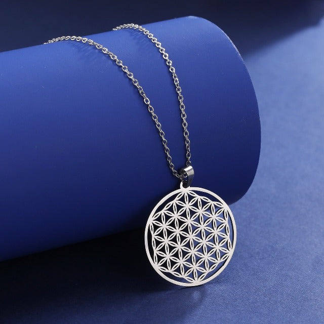 Collar Flor de la Vida Perlas Colgante Mandala Hombre Mujer Dawapara plata