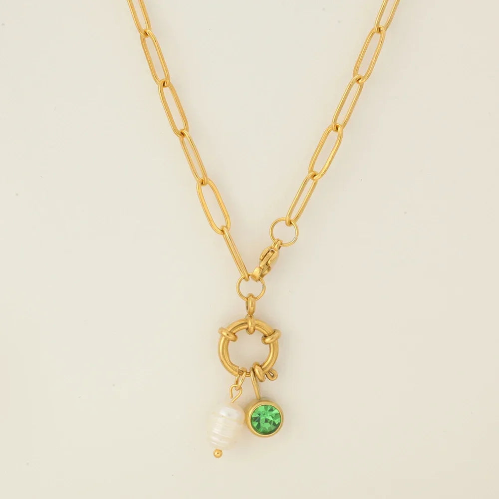 Collar de eslabones con dije de perla y piedra natal de agosto