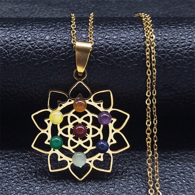 Collar Colgante 7 Chakras Flor Sagrada Piedras Naturales Cadena Hombre Mujer 1 oro