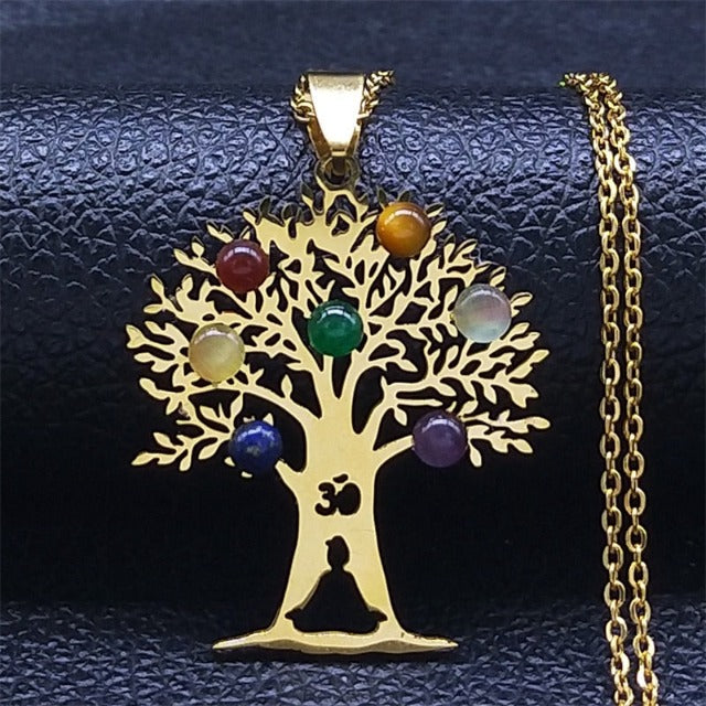 Collar Colgante 7 Chakras Flor Sagrada Piedras Naturales Cadena Hombre Mujer 2 oro