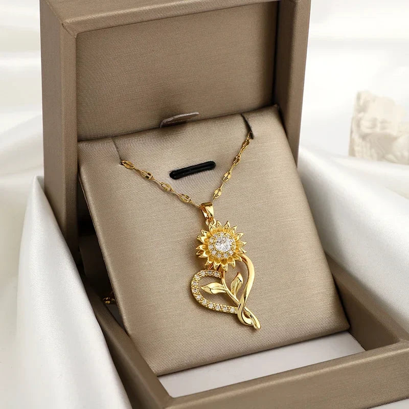 Collar con Colgante de Corazón y Flor de Girasol Giratoria Anti-Estrés