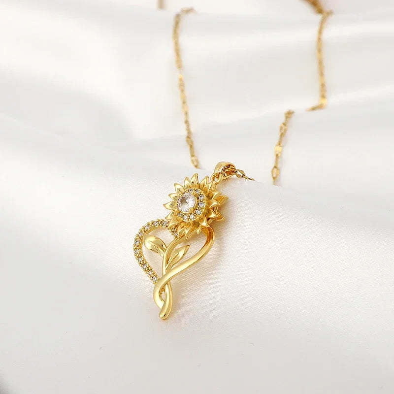 Collar con Colgante de Corazón y Flor de Girasol Giratoria Anti-Estrés