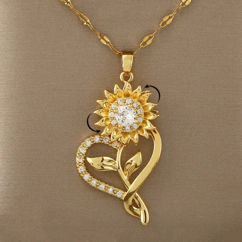 Collar con Colgante de Corazón y Flor de Girasol Giratoria Anti-Estrés