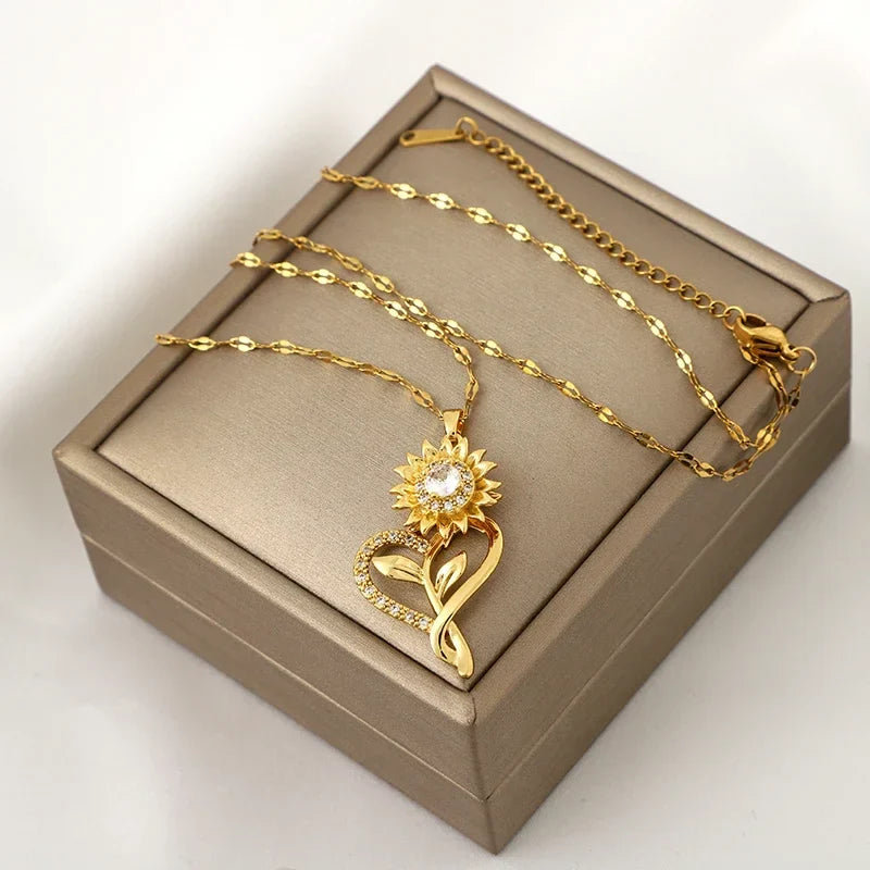Collar con Colgante de Corazón y Flor de Girasol Giratoria Anti-Estrés