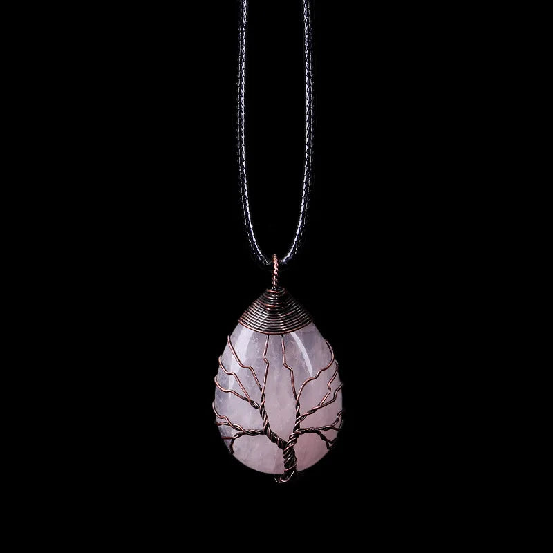 Collar Colgante Bola Piedra Natural Árbol de la Vida cuarzo rosa