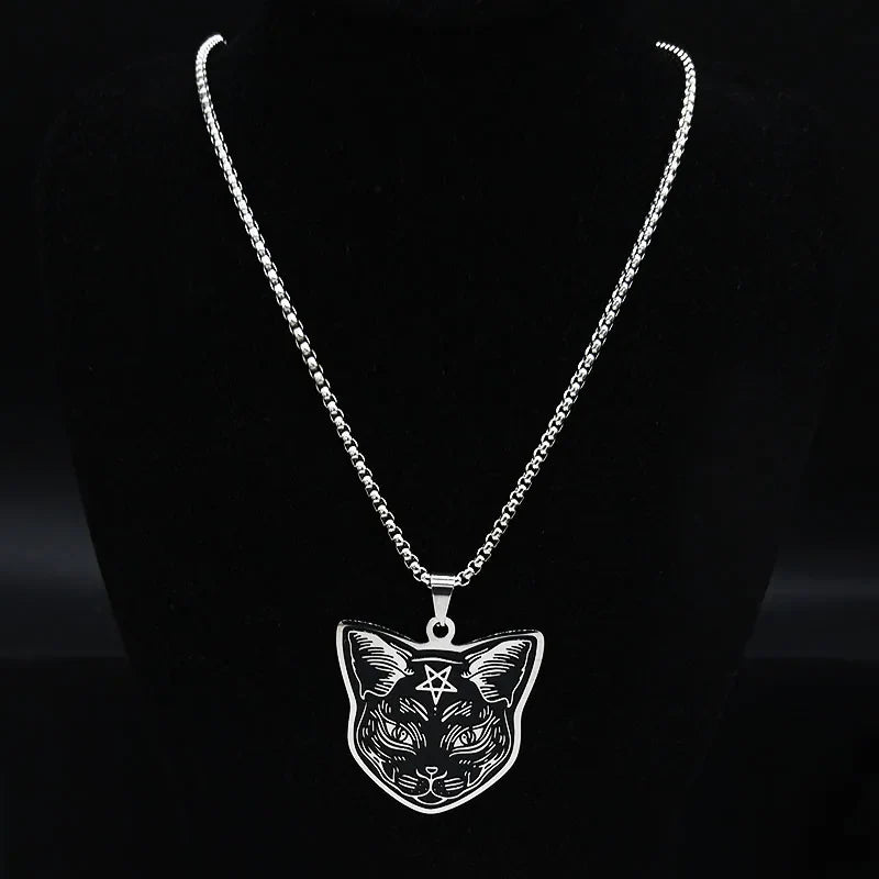Collar con colgante de gato negro y pentáculo de brujería Wicca