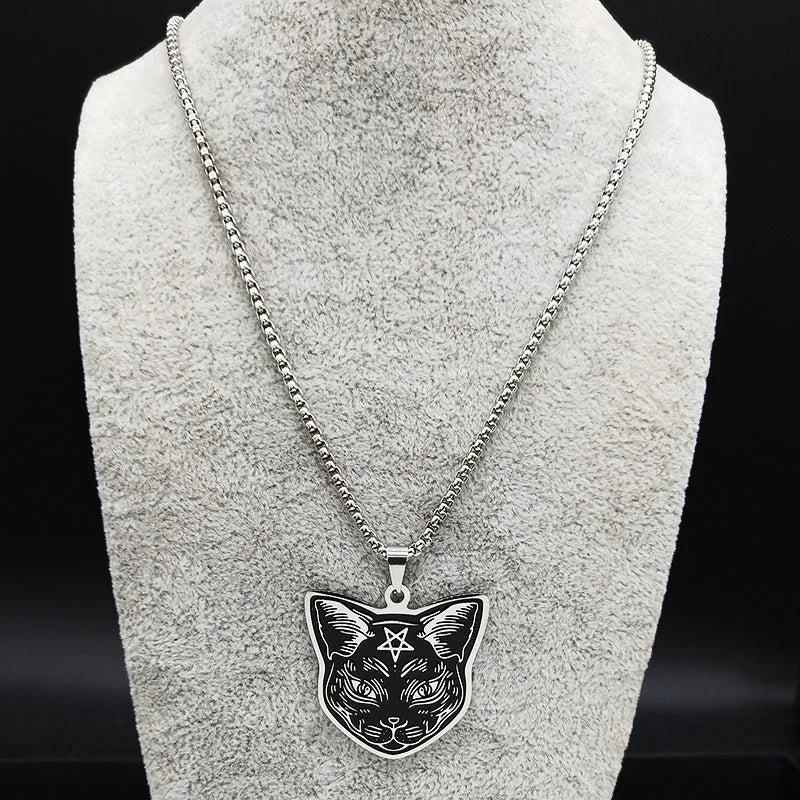 Collar con colgante de gato negro y pentáculo de brujería Wicca
