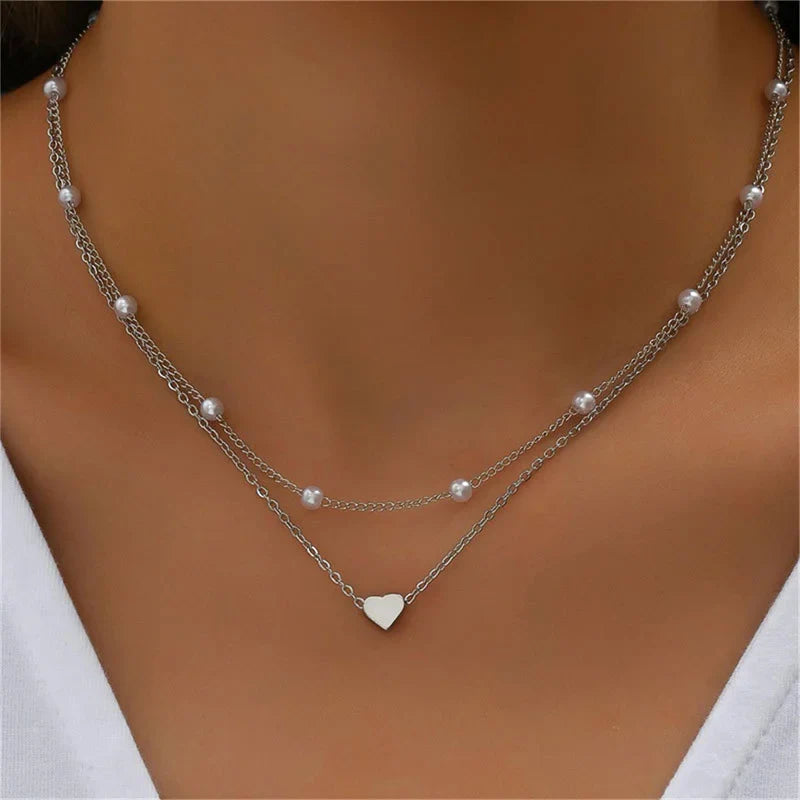 Collar Colgante Corazón & Perlas plata