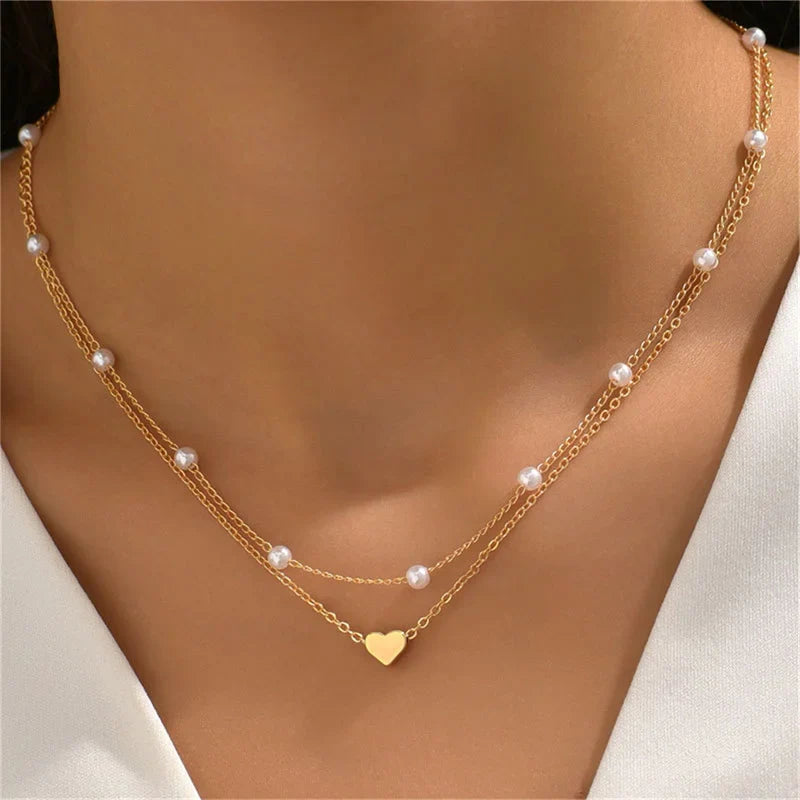 Collar Colgante Corazón & Perlas oro