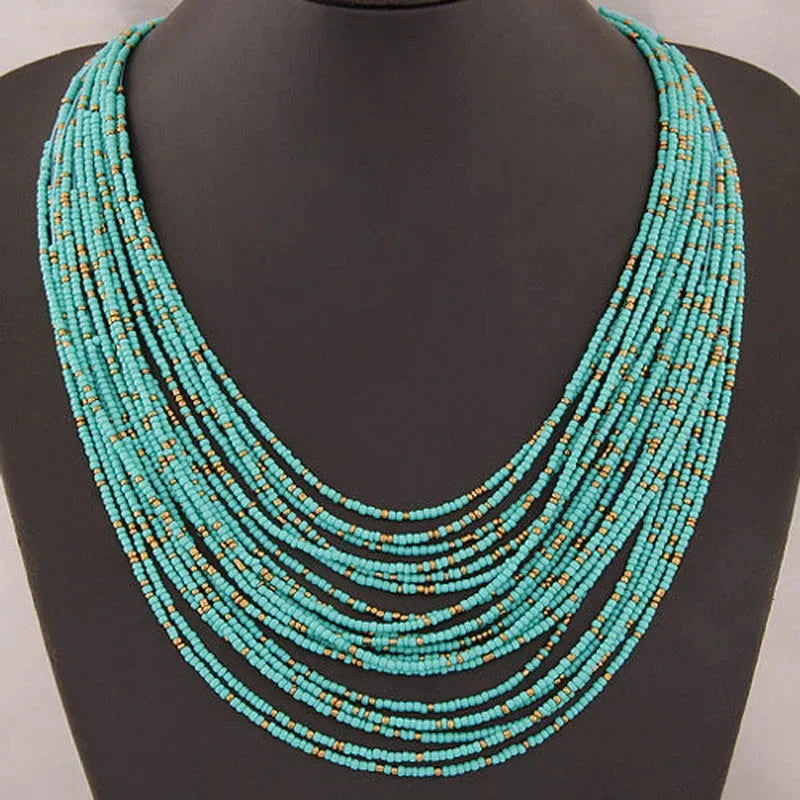 Collar Colgante Étnico Africano Multicapa azul 