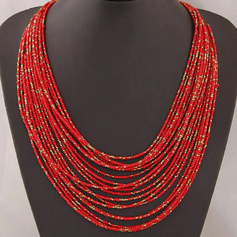Collar Colgante Étnico Africano Multicapa rojo