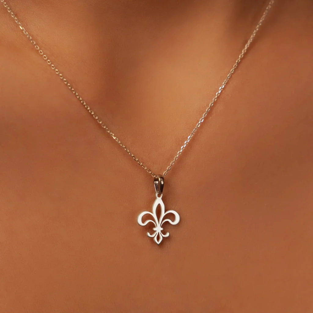 Collar y Colgante Flor de Lis Cadena y Medallón de plata