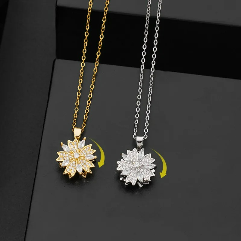 Collar Colgante Flor de Circonia Giratoria Antiestrés oro