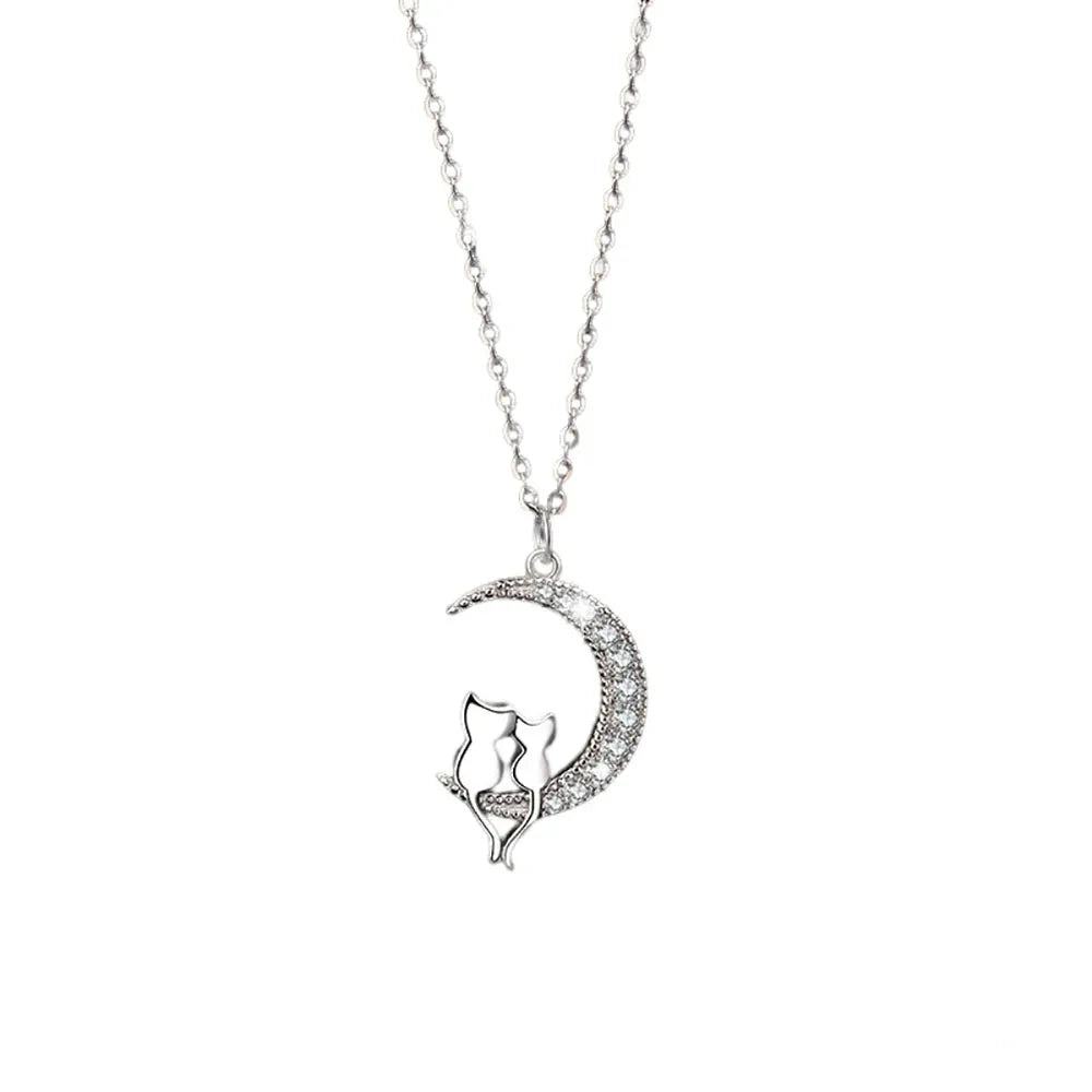 Collar con colgante de luna y gatos con cristal