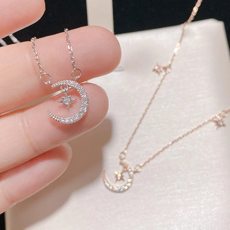 Collar con colgante de luna y estrella en circonita para mujer