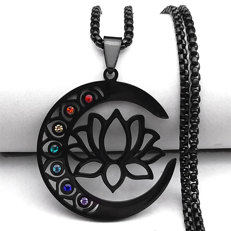 Collar Colgante Piedras 7 Chakras Flor de Loto negro