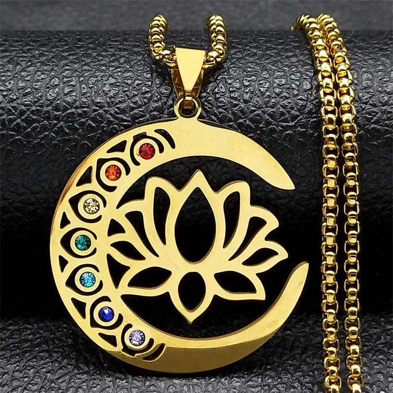 Collar Colgante Piedras 7 Chakras Flor de Loto oro