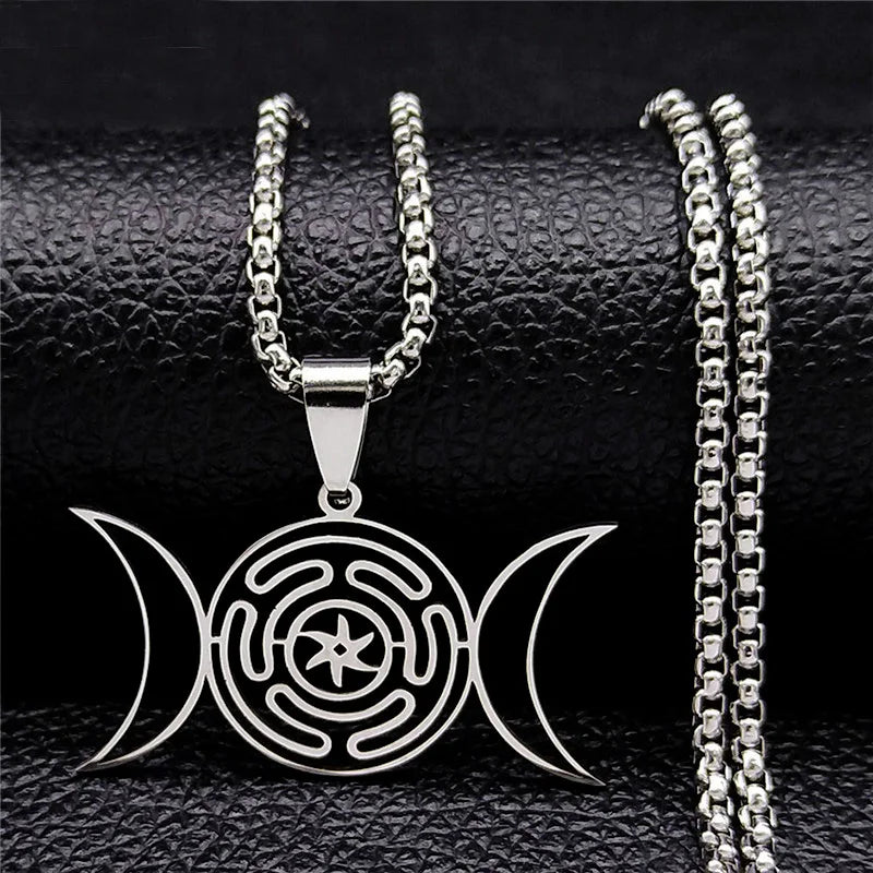 Collar Colgante Rueda de Hécate Hechicería Wicca Strophalos plata 50 cm